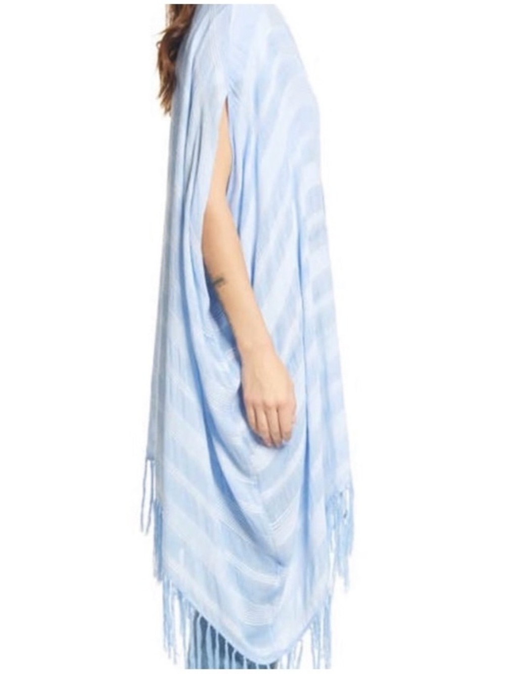 Treasure &Bond Light Blue Striped Fringe Open Arm Hole Flowy Cape Wrap Ruana OS - Picture 2 of 9